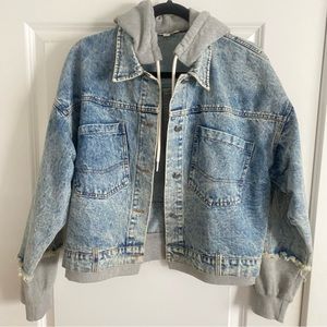 Jean jacket with sweatshirt hood
